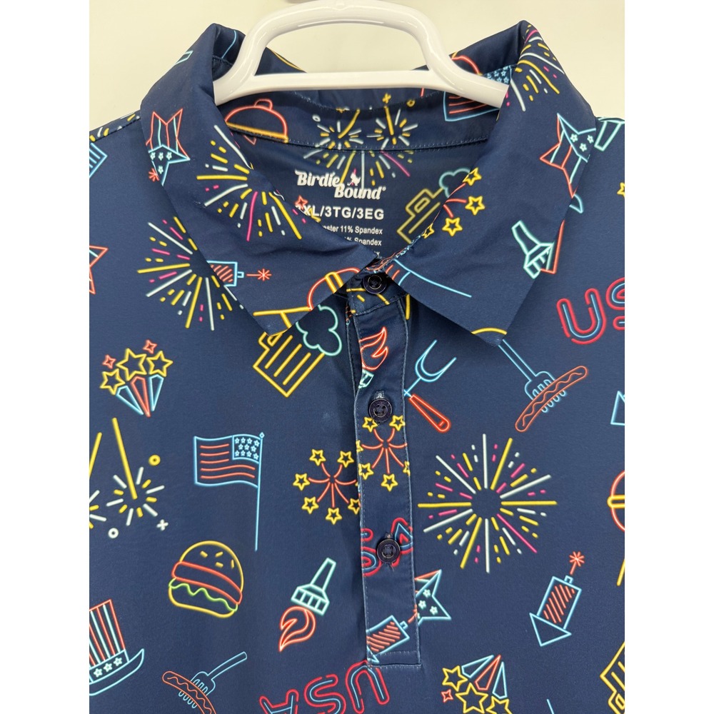Birdie & Bound Mens 3XT 3EG Navy USA Fireworks BBQ‎ Golf Polo Shirt
